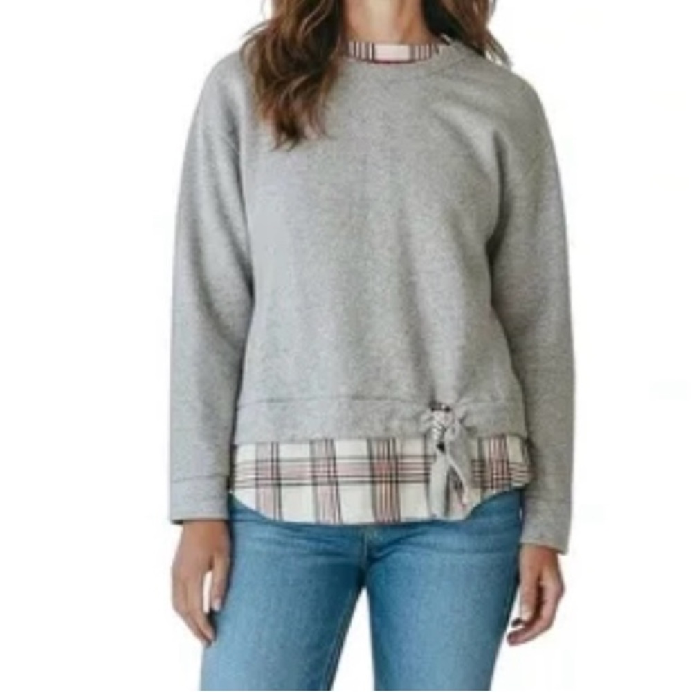 IZOD Sweatshirt Shirttail Hem Waist Tie Heather Grey Plaid Long Sleeve